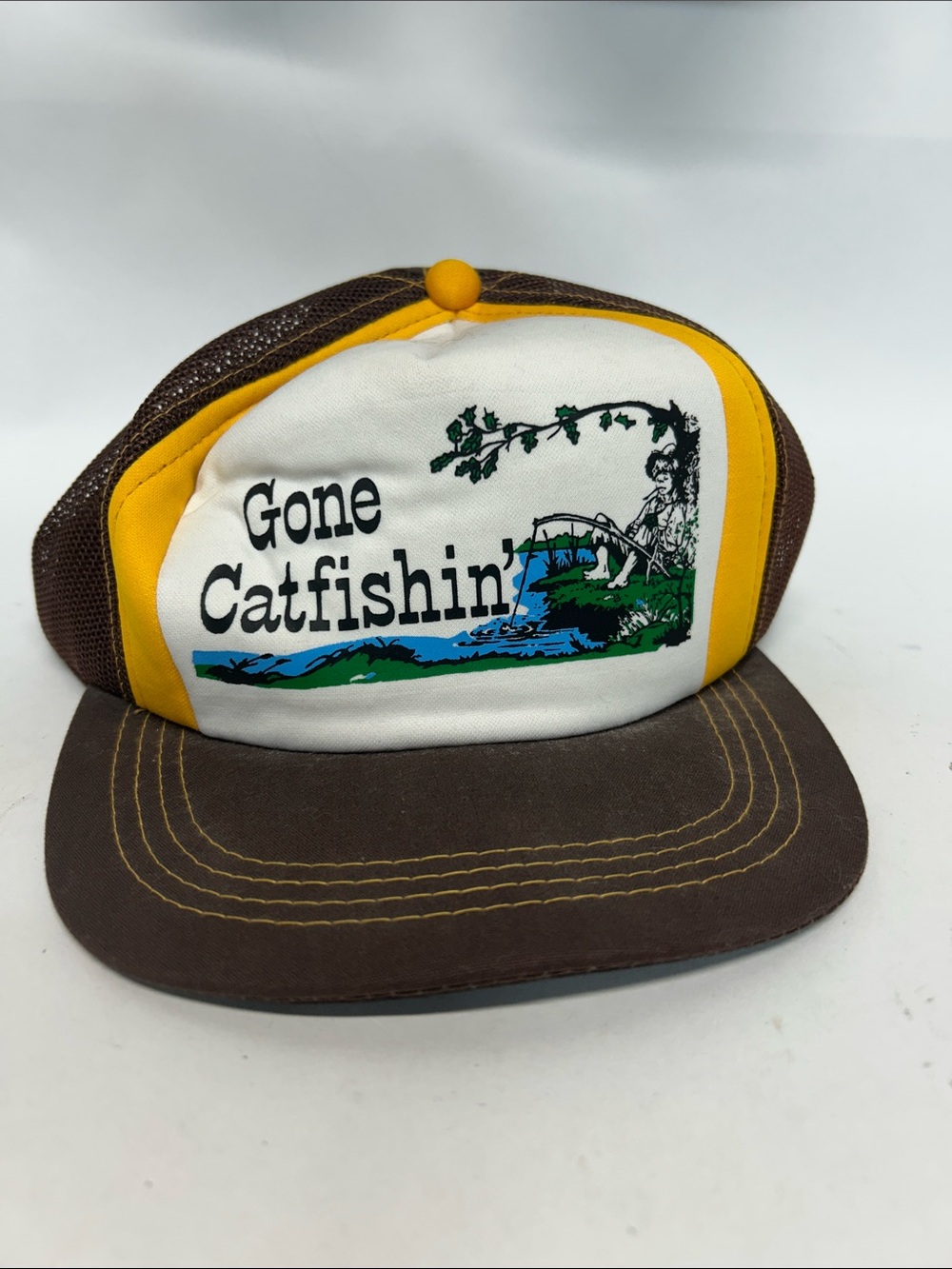 Gone Catfishin' Trucker Hat - Brown, Yellow, White vintage